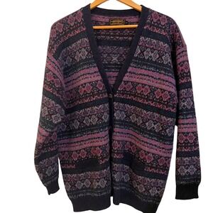 Vintage Eddie Bauer Wool Cardigan Sweater Fair Isle Purple Pink Mens Large L/G